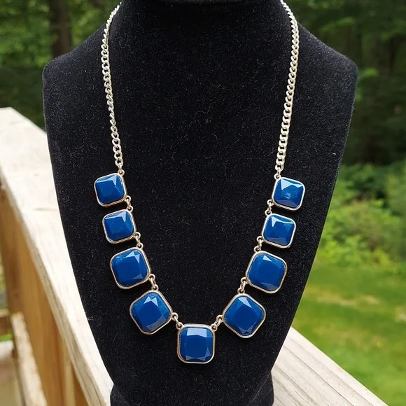 Cobalt Blue Square Stone Statement Chunky Necklace - Picture 7 of 11